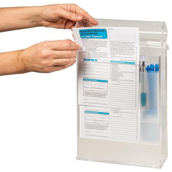 Boîte à brochures Eichner avec couvercle d'environ hauteur DIN A4, avec 25 porte-clés bleus en PP et 50 sachets d'acceptation 24 heures, 9201-00033