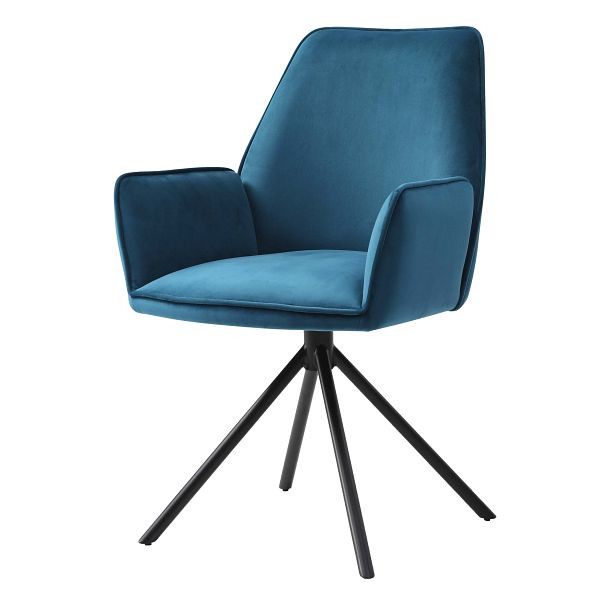 Chaise de salle à manger Mendler HWC-G67, chaise de cuisine avec accoudoirs, position automatique pivotante, velours, bleu turquoise, pieds noirs, 75731