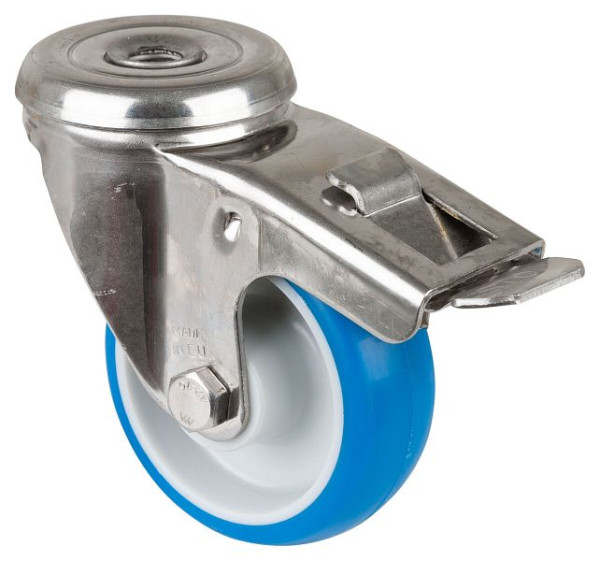 Rouleau de transport en acier inoxydable avec frein BS rollers, L28 mm, Ø80 mm, jusqu'à 70 kg, surface en polyuréthane bleu, corps en plastique, palier lisse, H121.B32.080