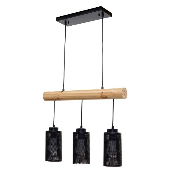Suspension Mendler HWC-H83, lampe suspendue suspension, vintage industriel bois massif métal noir, 3 abat-jour tubulaires, 74210
