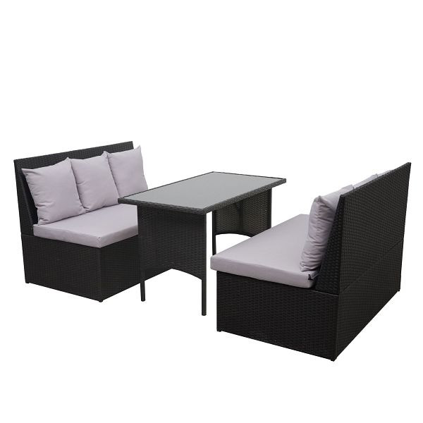 Mendler poly rotin ensemble HWC-G16, salon de jardin/ensemble salon, table de canapé gastronomie 2x2, noir, coussins gris clair, 70862