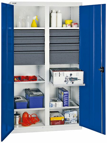 armoire à outils et matériel série 3000, 7035/5010, 6 tiroirs 100 mm, 2 tiroirs 200 mm, cloison centrale, 6 tablettes, 3004774