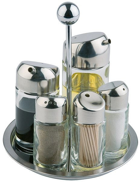 Huilier APS, 6 parties, Ø16 cm, hauteur : 20 cm, inox, poivrière et salière en verre, récipients en verre pour vinaigre et huile, 40485