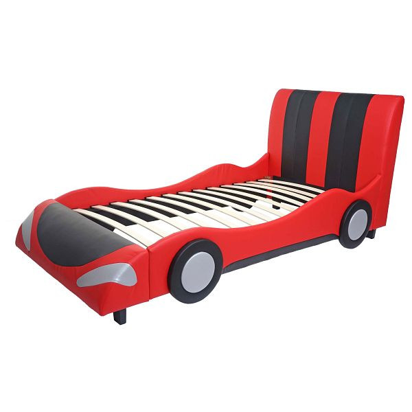 Lit Mendler HWC-E14, lit enfant voiture garçon, sommier à lattes simili cuir bois 190x100cm, noir-rouge, 65052+65053+65054