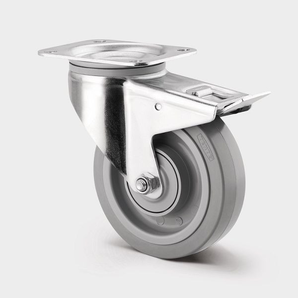 Roulette pivotante TENTE-ROLLEN avec frein, roue Ø 200 mm, capacité de charge 400 kg, hauteur 240 mm, fixation plaque, passivé bleu, 3477UFP200P63
