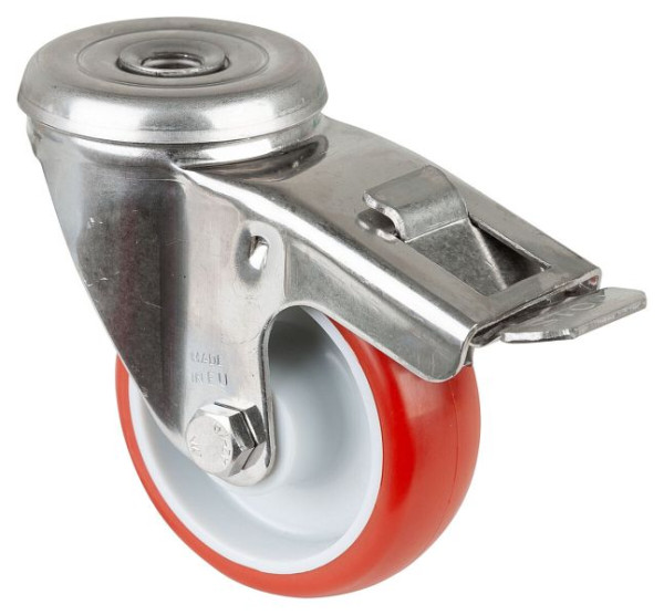 Rouleau de transport en acier inoxydable avec frein, W28 mm, Ø80 mm, jusqu'à 100 kg, surface en polyuréthane rouge, corps en plastique, roulement lisse, H121.B26.080