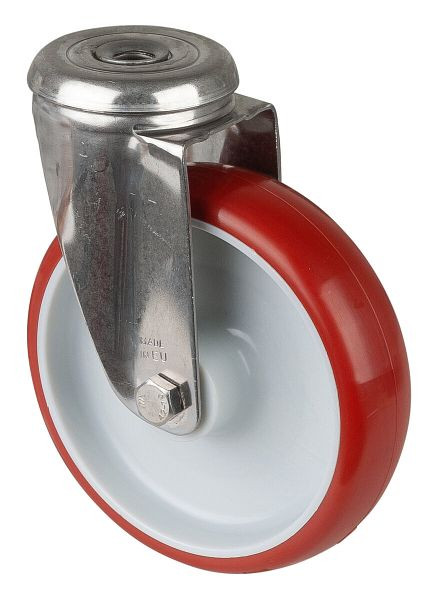 Rouleau de transport en acier inoxydable BS rollers, largeur 32 mm, Ø125 mm, jusqu'à 130 kg, bande de roulement polyuréthane rouge, corps de roue en plastique, palier lisse, H101.B26.125