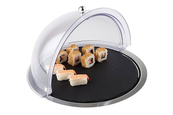 Set de buffet APS, 3 pièces, Ø 38 cm, hauteur : 24 cm, 1 plateau inox Ø 38 cm, 1 assiette en ardoise naturelle Ø 33 cm, 1 hotte rabattable Ø 38 cm, 01000