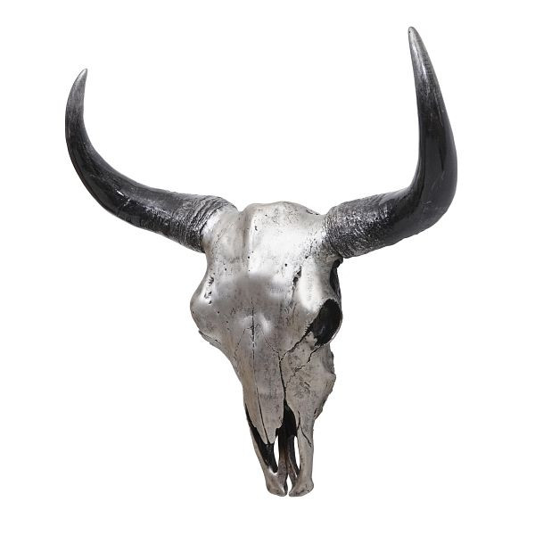 Tête de mort décorative Mendler 45cm HWC-T454, trophée de tête de taureau longhorn en polyrésine, intérieur/extérieur, argenté, 73413