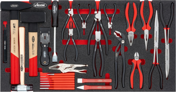 Pince VIGOR, marteau, jeu de burins pour série XL, nombre d'outils : 29, V5638N