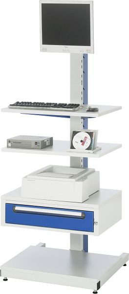 Support d'ordinateur RAU - modèle 6019, L650 x P650 x H1680 mm, colonne centrale en bas avec cadre en tube d'acier comprenant un jeu de roulettes et une étagère, 07-6019F.11