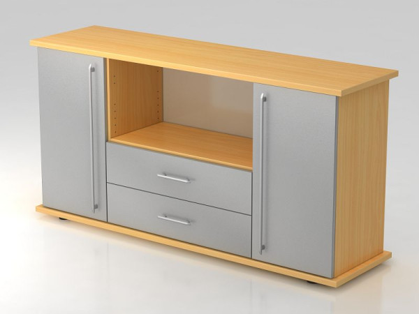 Buffet Hammerbacher 2 portes, 2 tiroirs, poignée de garde-corps hêtre/argent, 166,1x44,8x84 cm (LxPxH), VSBTS/6/S/RE