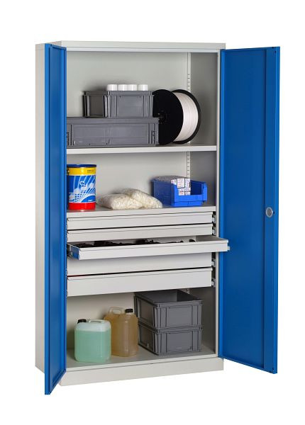 Meuble d'atelier équipé SOFAME 1000x500x1950mm, 3 tiroirs télescopiques + 2 tiroirs télescopiques + 2 étagères, bleu ciel, W030090026GCBI