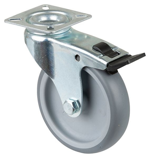 Rouleau d'appareil BS rollers, plateau, frein, largeur 24 mm, Ø100 mm, 70 kg, bande de roulement en caoutchouc gris, palier lisse, lot de 4, A320.A80.100