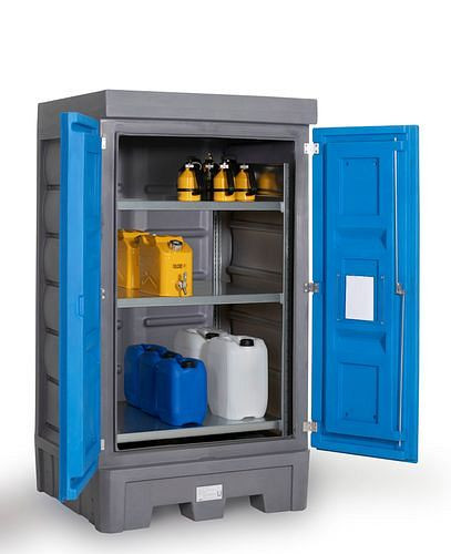 Dépôt de substances dangereuses DENIOS PolySafe D1, avec portes et étagère en acier pour petits conteneurs, 271-830