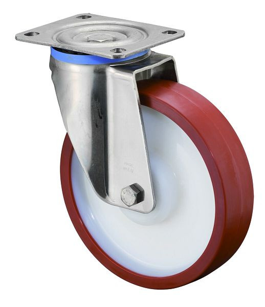 Rouleaux BS rouleau robuste en acier inoxydable, largeur 50 mm, Ø200 mm, jusqu'à 700 kg, bande de roulement en polyuréthane rouge, corps en plastique, roulement à rouleaux en acier inoxydable, HS100.B28.200