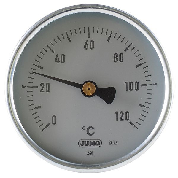 Thermomètre bilame JUMO, classe 1.5, plage d'affichage 0 à 120 °C, longueur d'installation 50 mm, diamètre : 80 mm, 8000582