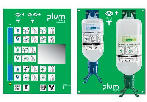 Station murale DENIOS avec 2 flacons de douche oculaire, chacun 1x 500 ml pH neutre + 1000 ml de solution saline, 188-944