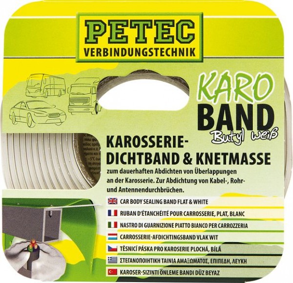Petec Karo - Bande, Ruban de scellement du corps, Buthyl, Plat, Blanc, 20 mm x 2 mm x 3 m, Carte Sb, 87530
