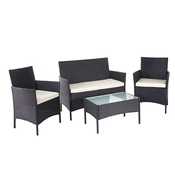 Ensemble de jardin en rotin synthétique Mendler HWC-D82, ensemble de salon, noir avec coussins crème, 64502