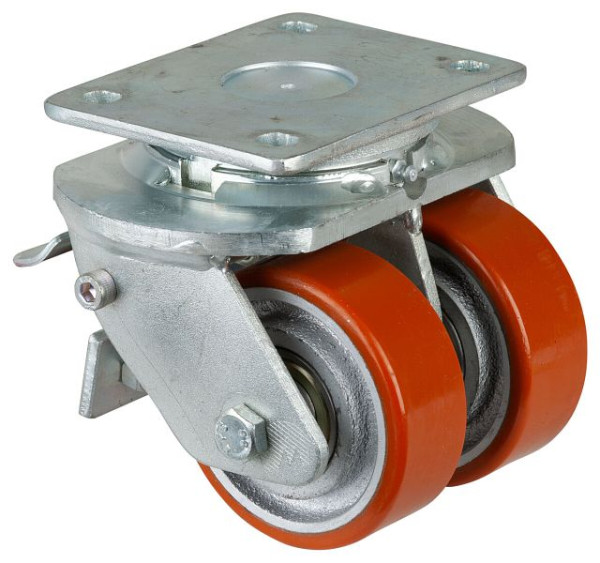 Roulettes BS Roulette double robuste avec roue/blocage, B2x38 mm, Ø100 mm, jusqu'à 590 kg, polyuréthane coulé 95 Shore A, corps coulé, roulement à billes, S120.C10.100