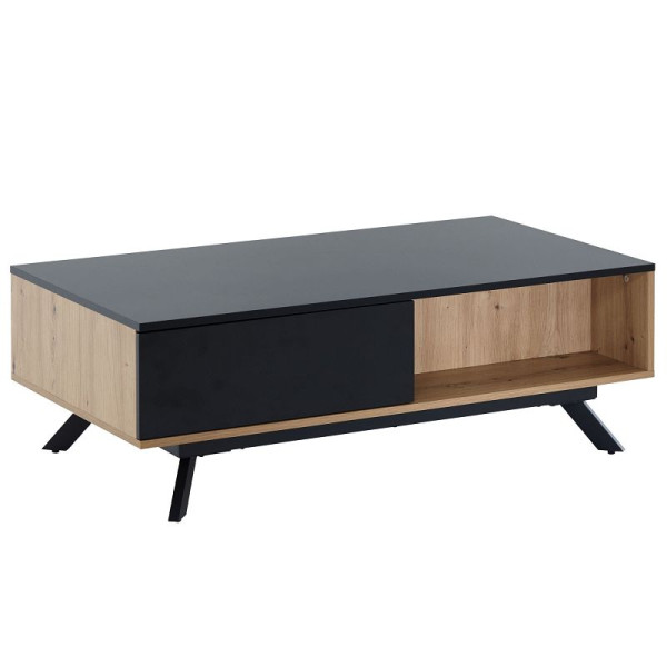 Wohnling Table basse 110 x 60 x 38 cm MDF décor chêne / table de salon noire, table basse rectangulaire avec espace de rangement, table basse avec tiroirs, WL6.659