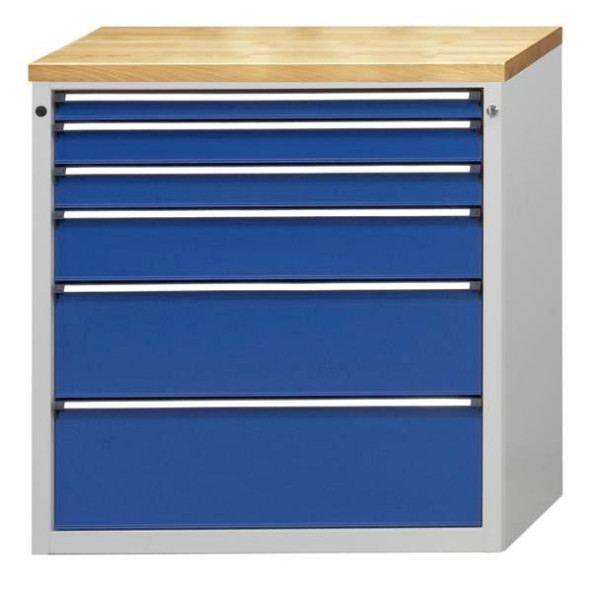 Armoire à tiroirs ANKE; 910 x 675 x 980 mm; RAL 7035/5010; Baignoire avec tapis antidérapant; 6 tiroirs 60, 90, 90, 150, 240, 270 mm, 610.210