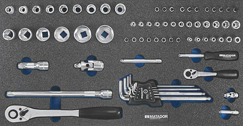 Insert d'outil Bedrunka+Hirth, jeu de clés à douilles 1/4" - 12", 71 pièces, dimensions en mm (LxPxH) : 600 x 300 x 25, 08.88.205