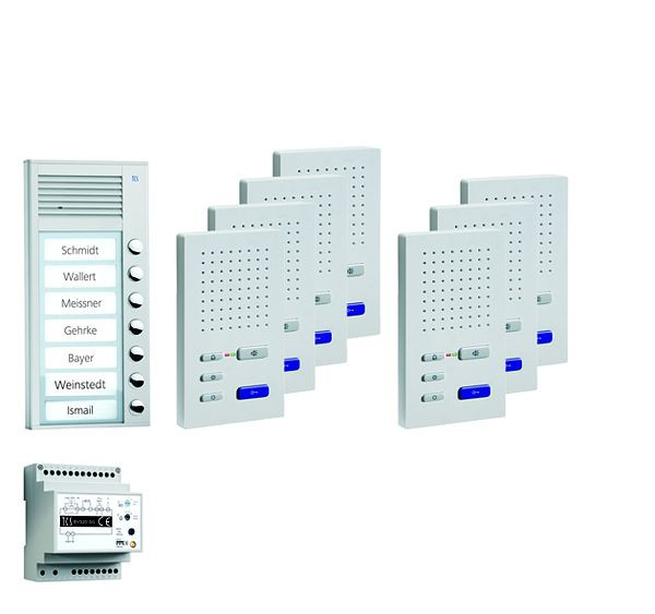 Système de commande de porte audio TCS : pack AP pour 7 unités résidentielles, avec poste extérieur PAK 7 boutons de sonnerie, 7x haut-parleur mains libres ISW3030, unité de contrôle BVS20, PPAF07-EN / 02