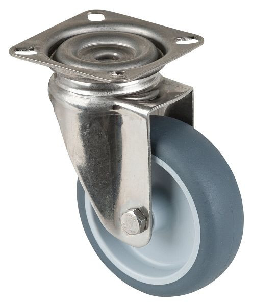 Rouleau d'appareil en acier inoxydable BS rollers, largeur 24 mm, Ø75 mm, jusqu'à 60 kg, bande de roulement en caoutchouc gris, platine, palier lisse, lot de 2, G100.A80.076