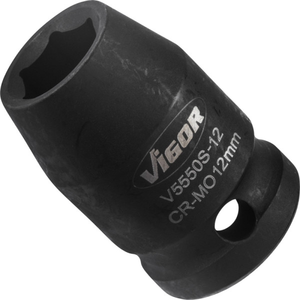 Douille pour clé à chocs VIGOR, courte, carrée creuse 12,5 mm (1/2 pouce), profil à six pans extérieurs, 12 mm, V5550S-12