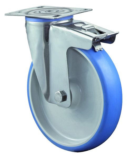 Rouleau de transport BS rollers en inox avec frein, L50 mm, Ø200 mm, jusqu'à 200 kg, polyuréthane bleu, corps en plastique, palier lisse, platine, H120.B32.200