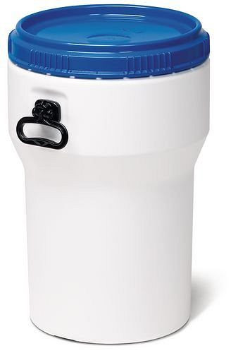 Fût à col large DENIOS en PE, 40 litres, avec couvercle, blanc/bleu, emboîtable, homologation UN, 217-399
