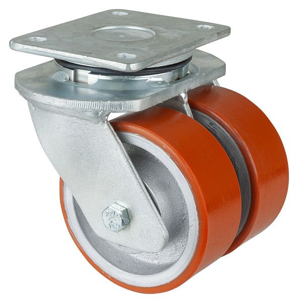 Roulettes BS Roulette double robuste, largeur 2x50 mm, Ø125 mm, jusqu'à 1100 kg, bande de roulement polyuréthane moulé 95 Shore A, fonte, roulements à billes, S100.C10.125
