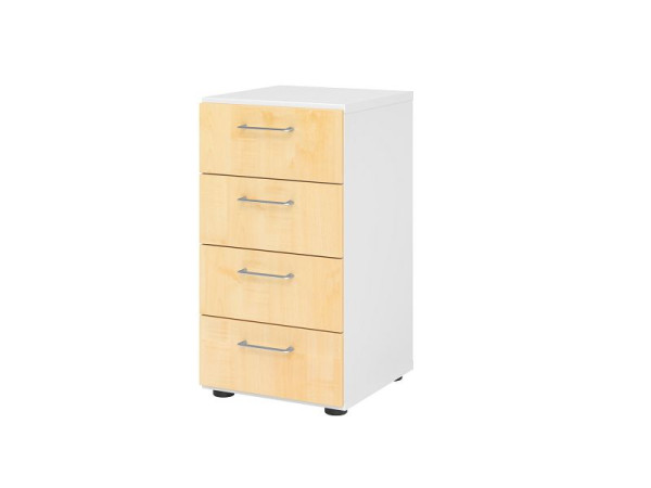 Armoire à tiroirs Hammerbacher 2OH, 4 tiroirs 924S4 BS, corps : blanc / façade : érable, 40x41,7x74,8 cm (LxPxH), 4 tiroirs, poignée en métal BS, V924S4/W/3/BS
