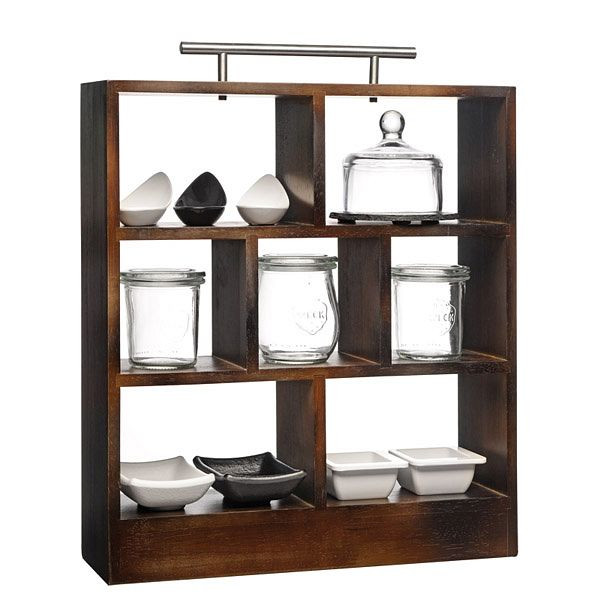 APS High Tea Rack, 34 x 10 cm, hauteur : 38 cm, bois, marron foncé, poignée en acier inoxydable, 4 grands compartiments 15x10x10 cm, 33210