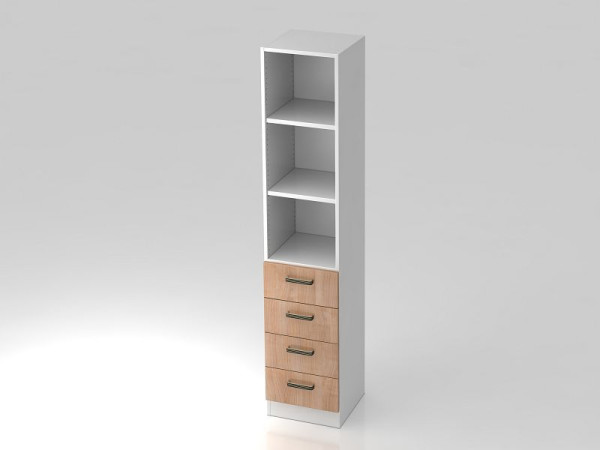 Armoire à tiroirs Hammerbacher 5OH, 4 tiroirs, panneau de base, poignée rayée blanc/noyer, 40,6x42x200,4 cm (LxPxH), V7600/W/N/SG