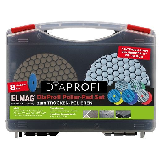 ELMAG DiaProfi tampon de polissage - SET Ø100mm, granulométrie 50/100/200/400/800/1500/3000 avec plaque de maintien dans un étui, 62310