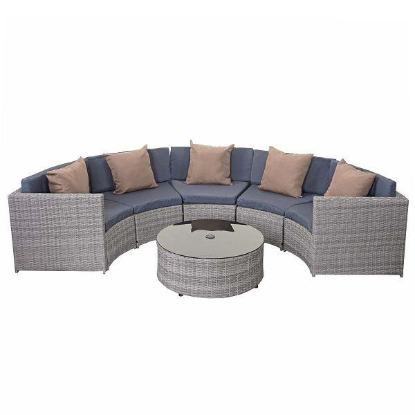 Ensemble rond en polyrotin Mendler HWC-E17, ensemble de jardin, gris, revêtement gris foncé, coussins beiges, 65122+65123+65124