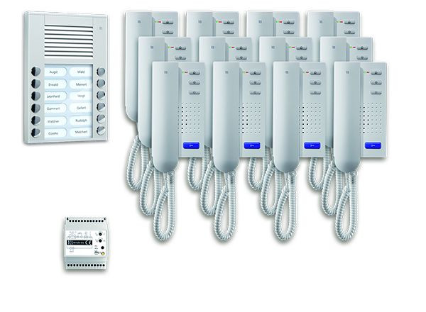 Système de contrôle de porte audio TCS : pack AP pour 12 unités résidentielles, avec poste extérieur PES 12 boutons de sonnerie, 12x interphones ISH3030, unité de contrôle BVS20, PPA12-EN / 02