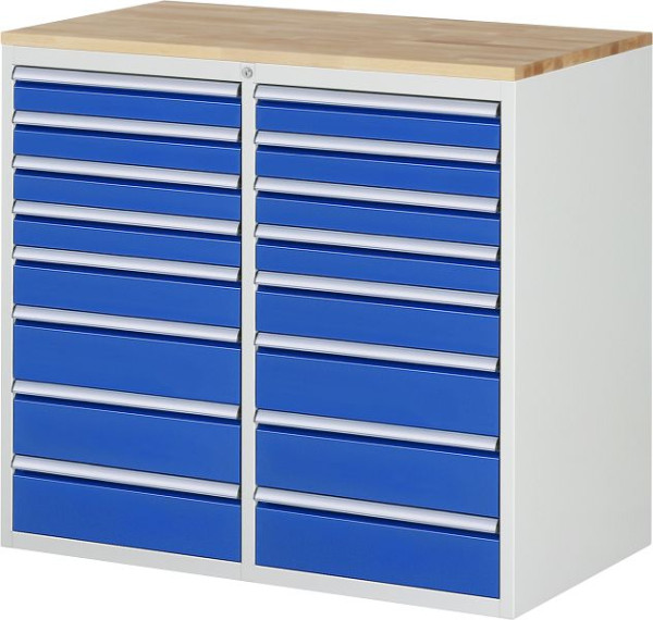 Armoire à tiroirs RAU série 7000, L1145xP650xH1035mm, gauche : 4xH90, H120, 3xH150mm, droite : 4xH90, H120, 3xH150mm, plan de travail en hêtre massif, 03-LL7.8.8AB.11