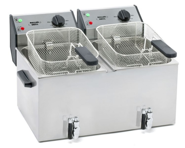 ROLLER GRILL Friteuse à deux cuves, avec robinet de vidange, 2 x 8 litres, dimensions 590 x 450 x 370 mm (LxPxH), KE0802360
