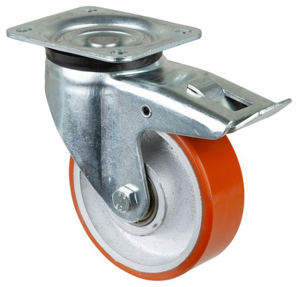 Roulettes BS Roulette robuste avec frein, largeur 50 mm, Ø150 mm, jusqu'à 800 kg, bande de roulement polyuréthane coulé 95 Shore A, fonte, roulement à billes, L620.C10.150