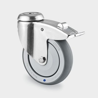 Roulette pivotante TENTE-ROLLEN avec frein, roue Ø 100 mm, capacité de charge 100 kg, hauteur totale 135 mm, A 87 Shore, avec trou de vis, 7477PJC100P30-11