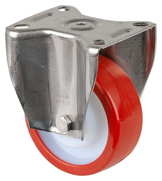 BS Rolls Roulette robuste en inox, roulette fixe, largeur 40 mm, Ø100 mm, jusqu'à 300 kg, polyuréthane rouge, corps en plastique, roulement à rouleaux en inox, HS110.B28.100