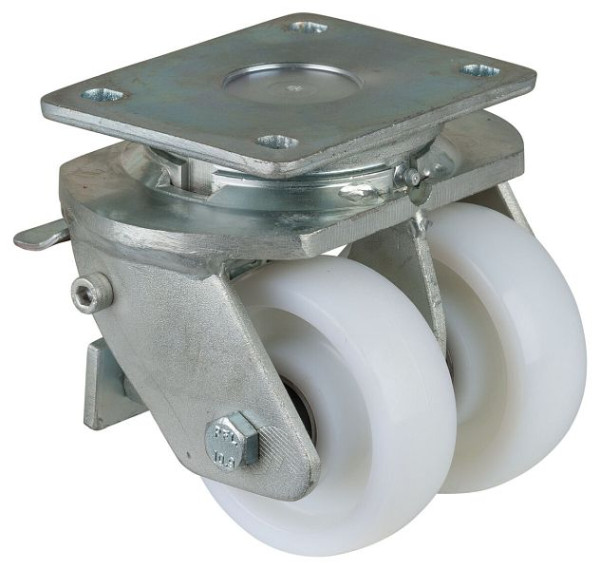 Roulettes BS Roulette double robuste avec roue/blocage, largeur 2x37 mm, Ø100 mm, jusqu'à 800 kg, bande de roulement/corps de roue plastique, roulement à billes, S120.B15.100