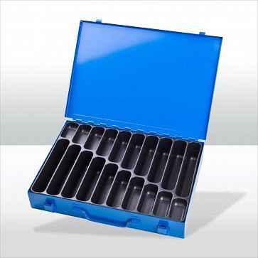 Coffret à outils ADB avec 20 compartiments, dimensions extérieures de la mallette LxlxH : 33,5x24x5 cm, couleur : bleu, RAL 5015, 88606