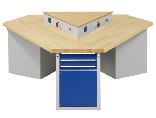 Établi de groupe triangulaire ANKE; 3 postes de travail; 2370x2052 mm; RAL 7035/5010; Plateau en hêtre massif 50 mm; Longueur de bord 1660 mm, modèle 302 VG
