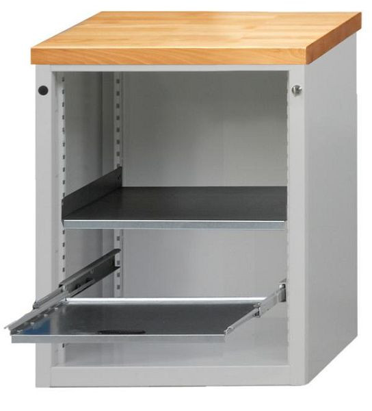 Armoire de comptoir ANKE; 1060 x 700 x 1020 mm; RAL 7035/5010; Plateau en hêtre massif 40 mm; 2 portes 900 mm, 610.451