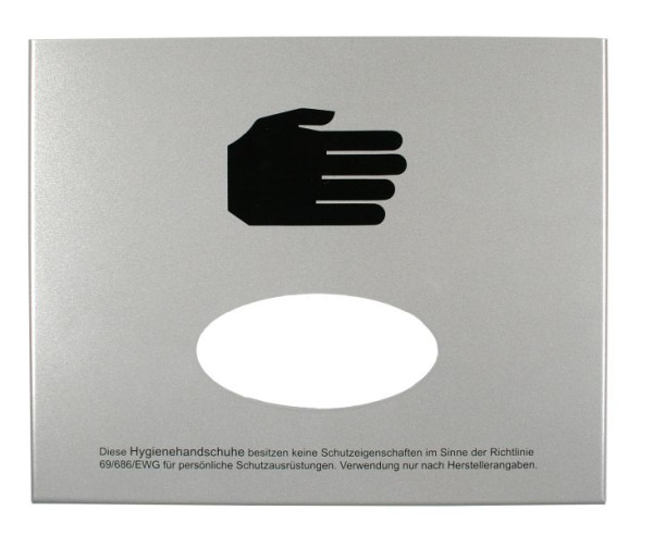 Distributeur de gants Busching, retrait par l'avant, ouverture centrale avant, aluminium RAL 9006 avec pictogramme/informations de protection, 100321